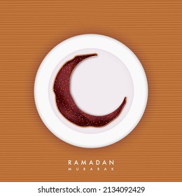 Top View Of Crescent Moon Shape Donut Over Plate On Brown Stripe Pattern Background.