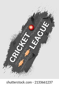 Top View Of Cricket League Font With Red Ball, Bails Over Black Brush Stroke On Gray Halftone Effect Background.