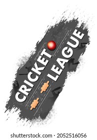 Top View Of Cricket League Text With 3D Red Ball, Bails And Black Brush Halftone Effect On White Background.