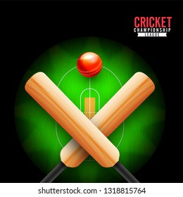 Top View Of Cricket Pitch With Crossed Bats And Ball Illustration For Cricket Championship Template Or Poster Design.