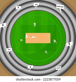 Top View Cricket Stadium Background Con El Concepto De Un Bateador Expirado Y El Guardián De Salto Golpeando A Ball Para Que Se Amortiquen.