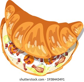 Top view of croissant with egg and bacon inside illustration