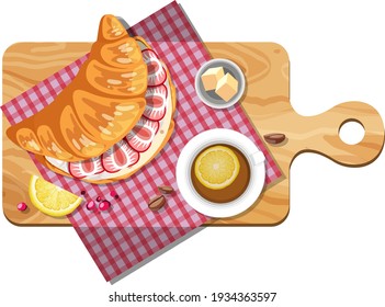 Top view of croissant sandwiches and tea cup on a cutting board illustration