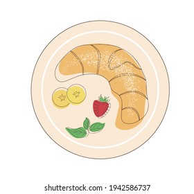 Top view of a croissant sprinkled with powdered sugar. Fresh pastries on a plate with fruit and mint. Breakfast symbol. Linear vector illustration in flat style on white isolated background.