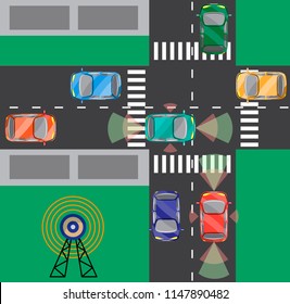 Top view of crossroads with Driverless car, self-driving auto, view from above