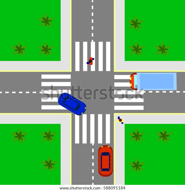 Top view of the\
crossroads. Urban crossroads with cars and people, pedestrians.\
Traffic laws. Map concept