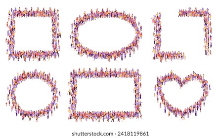 Top view crowd frames. Community unity frame with diverse group of people forming square, oval, circle, rectangle and heart shape borders vector set of crowd group community social communication