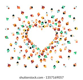 Top view of a crowd of people forming a heart shape frame. A look at the crowd of people, men and women, come together in a group, a social community, vector flat illustration.