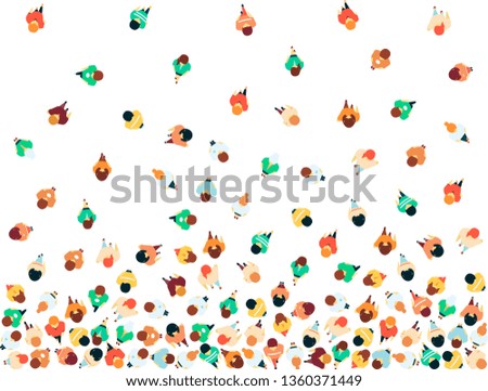 Top view at the crowd of people, men and women, come together in a group, a social community. Citizens and the population gathered together in a crowd, top view. Vector flat illustration.