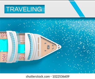 Top view of the cruise ship, sea with pool and umbrellas. Vector illustration