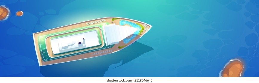 Vista superior del crucero en el mar. Vista aérea de un avión de pasajeros de lujo para vacaciones de verano y viajes. Dibujo de dibujos animados del océano y el gran crucero con piscina en cubierta