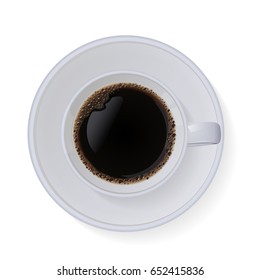 Top view, A cup of black coffee in white mug of coffee with foam and saucer isolated on white background. vector Illustration.
