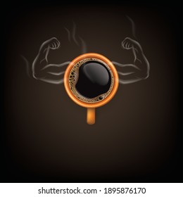 Top view of a cup of coffee in the form of Arm muscle on black background, Coffee concept illustration, 