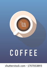 Draufsicht, eine Tasse Kaffee mit Herzen auf der Oberseite, heißes Trinken. Vektorillustration, Illustration einzeln auf Hintergrund. 
