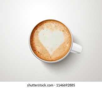 Top view of a cup of coffee with latte art in 3d illustration