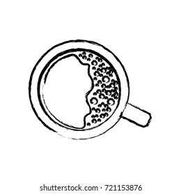 top view cup of coffee monochrome blurred silhouette vector illustration