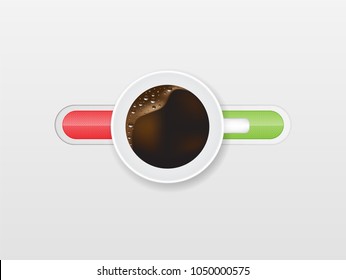Top view of a cup of coffee and off switcher on background. Vector Illustrator
