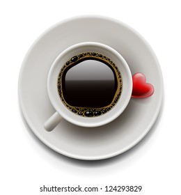 Top view of a cup of coffee on white background with heart. Valentine's day