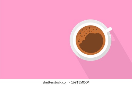 Top view cup of coffee on pink background with copy space for your text