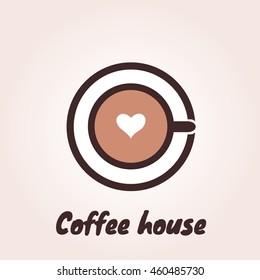 Top view of a cup of coffee on a saucer with foam in the shape of heart. Vector logo template for cafe, restaurant menu, coffee shop. Icon of coffee cup.