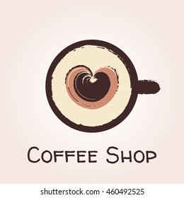Top view of a cup of coffee on a saucer with foam in the shape of heart, painted in brush style. Vector logo template for cafe, restaurant menu, coffee shop. Icon of coffee cup.