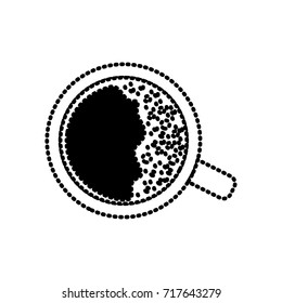 top view cup of coffee silhouette dotted monochrome on white background vector illustration