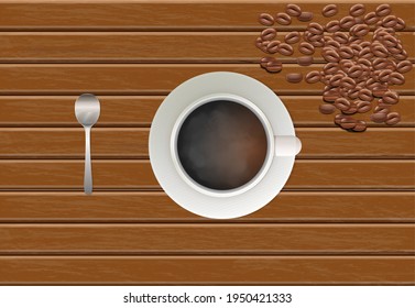 Top view of cup of coffee with spoon and beans on the wooden table 