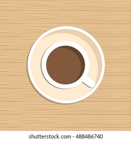 Top view of a cup of coffee. There is a cup of coffee on a wooden background. Vector illustration. It can be used for the websites, registration of magazines, booklets, leaflets