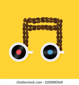 Top view of a cup of coffee with vinyl record inside and musical note on yellow background. Vector Illustrator

