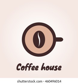 Top view of a cup of coffee whit coffee bean. Vector logo template for cafe, restaurant menu, coffee shop. Icon of coffee cup.