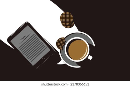 Vista superior de una taza de delicioso café y un libro electrónico cercano. Estudiar o leer.