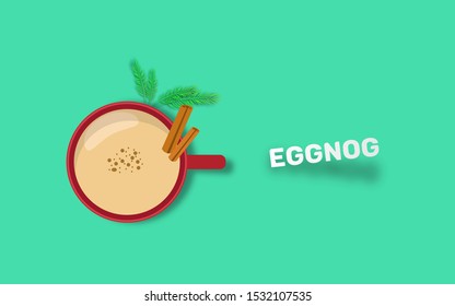 Top view from a cup of  eggnog with cinnamon isolated on green background vector illustration. 