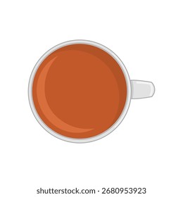 Vista superior de una taza llena de té caliente, líquido marrón dorado en una simple taza de cerámica sobre un fondo limpio.