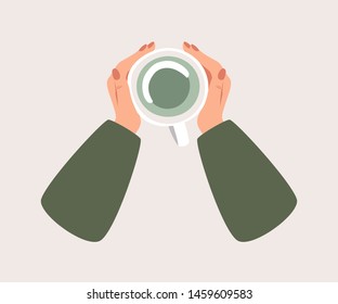 Top view a Cup of green tea warms a human hands. Cozy autumn concept in flat cartoon style.