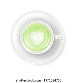 Top view at cup of green tea matcha latte with milk foam isolated on white background. Realistic vector illustration of traditional Japanese drink. Natural asian tea beverage in ceramic mug.