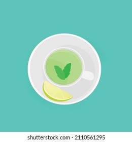 Top view of cup of green tea with mint. Slice of lime or lemon on a saucer. Vector icon illustration in flat style