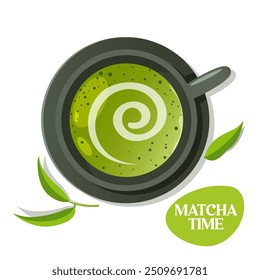 Top view of cup Japanese tea matcha with green leaves and lettering isolated on white background.