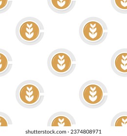 Top View of a cup of Latte art seamless pattern on white background.