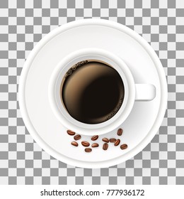 Top view of cup on saucer with coffee beans. Realistic object on the transparent background. Americano coffee.