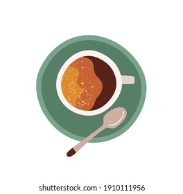 Top view of cup with saucer and tea spoon. Coffee break icon. Colored flat vector illustration of americano or espresso with foam isolated on white background