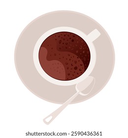 Top view of cup with saucer and teaspoon. Coffee break, morning coffee concept vector flat illustration of americano or espresso with foam isolated on white background.