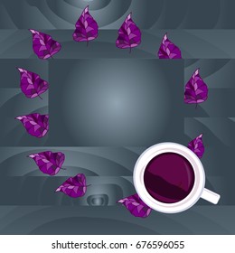 Top view of cup of tea on a grey wooden background with purple  leaves. Seasonal background. Design template with place for text. Vector Illustration 