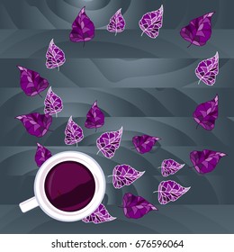 Top view of cup of tea on a grey wooden background with purple  leaves. Seasonal background. Design template with place for text. Vector Illustration 
