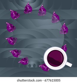 Top view of cup of tea on a grey wooden background with purple  leaves. Seasonal background. Design template with place for text. Vector Illustration 