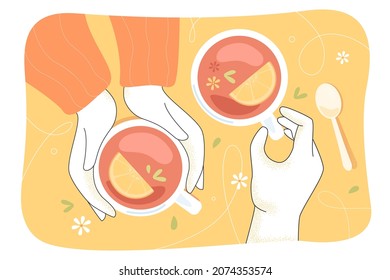 Top view of cups with herbal tea in hands on yellow cafe table background. People having morning drink with lemon flat vector illustration. Cafeteria, healthy food, lifestyle concept