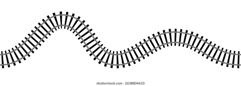 Top view of curved railway isolated on white background. Wavy railroad track with rails and ties. Transportation infographic. Seamless vector illustration.