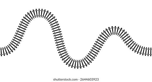 Top view of curved railway isolated on white background. Wavy railroad track with rails and ties. Transportation infographic. Seamless vector illustration.