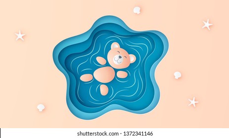 Top view of cute bear are floating in the pool. Bear relax in summer. Cute bear. paper cut and craft style. vector, illustration.