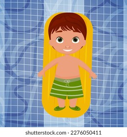 Top view of a cute boy swimming on an air mattress in the pool. summer holidays. Vector illustration.