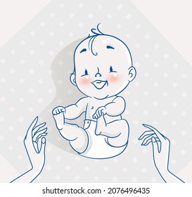 Top View of Cute Little Baby Boy Lying on Changing Table and Mother`s Hands. Changing Diaper Vector Illustration